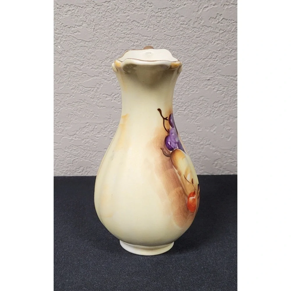 Vtg 60s Enesco Japan E2350 Porcelain Fruit Pitcher Vase Hand Painted Gold Handle